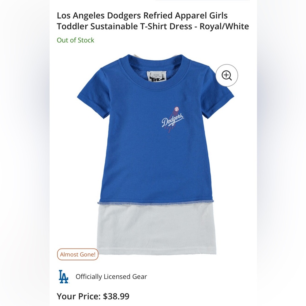 Los Angeles Dodgers Refried Apparel Royal Sustainable T-Shirt Dress - 2T